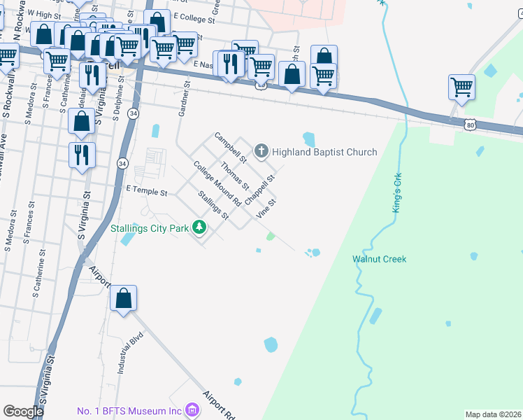 map of restaurants, bars, coffee shops, grocery stores, and more near 508 Thomas St in Terrell