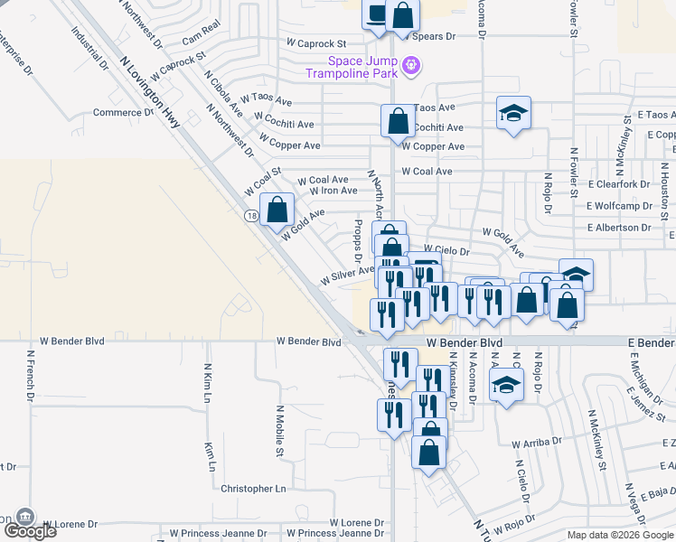 map of restaurants, bars, coffee shops, grocery stores, and more near 2607 N Northwest Dr in Hobbs