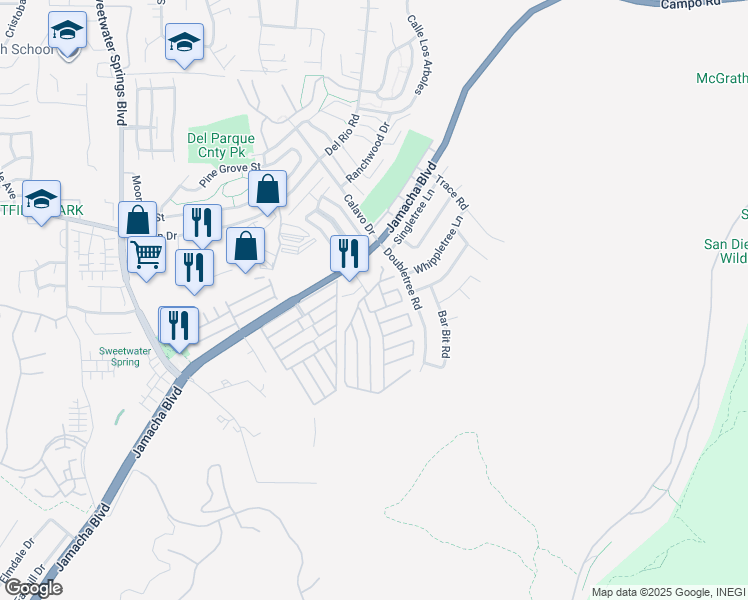 map of restaurants, bars, coffee shops, grocery stores, and more near 10767 Jamacha Boulevard in Spring Valley
