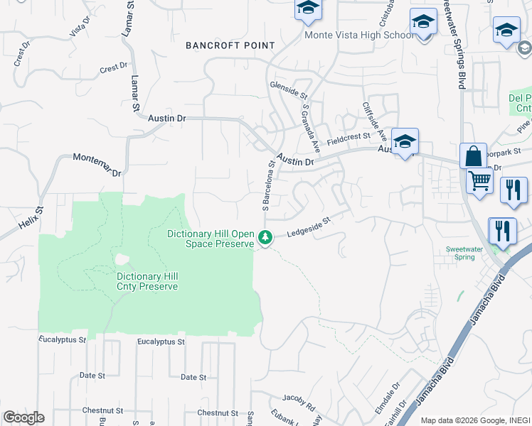 map of restaurants, bars, coffee shops, grocery stores, and more near 2212 South Barcelona Street in Spring Valley