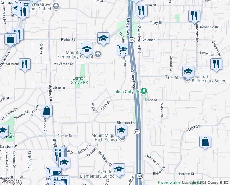 map of restaurants, bars, coffee shops, grocery stores, and more near 2126 Craig Court in Lemon Grove