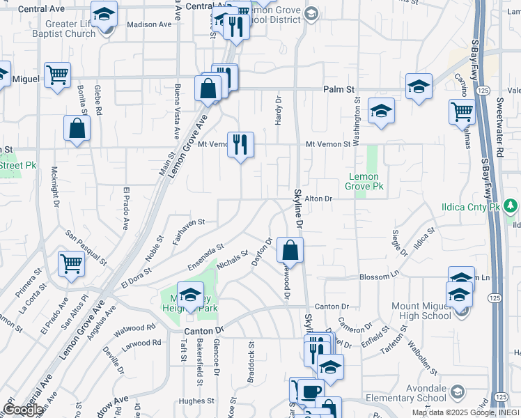 map of restaurants, bars, coffee shops, grocery stores, and more near 2142 Ensenada Street in Lemon Grove