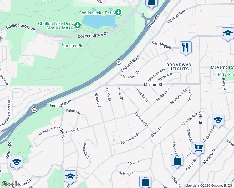 map of restaurants, bars, coffee shops, grocery stores, and more near 2205 Swan Street in San Diego