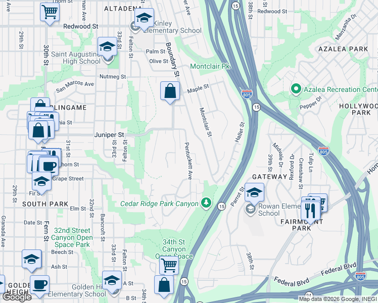 map of restaurants, bars, coffee shops, grocery stores, and more near 3564 Ivy Street in San Diego