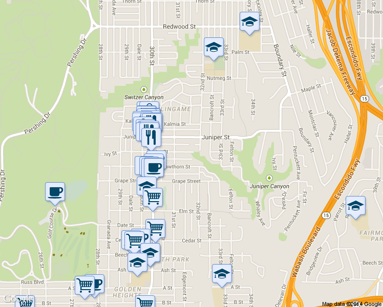 map of restaurants, bars, coffee shops, grocery stores, and more near 3161 Ivy Street in San Diego