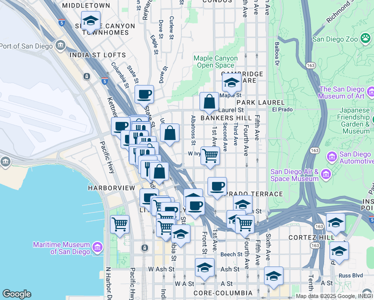 map of restaurants, bars, coffee shops, grocery stores, and more near 6 Brant Street in San Diego