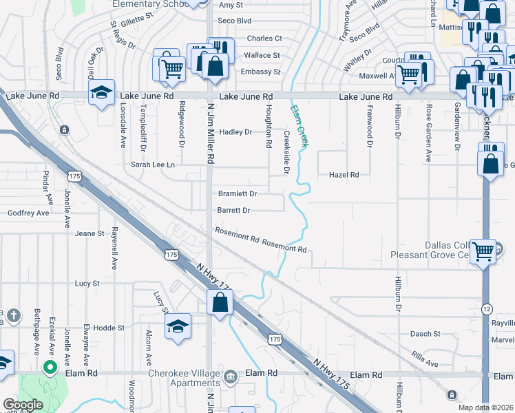 map of restaurants, bars, coffee shops, grocery stores, and more near 7221 Barrett Drive in Dallas