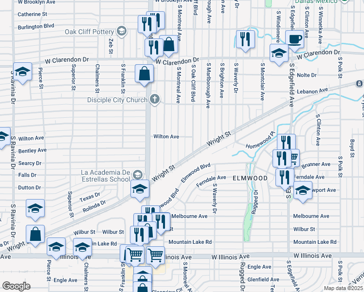 map of restaurants, bars, coffee shops, grocery stores, and more near 1519 South Oak Cliff Boulevard in Dallas