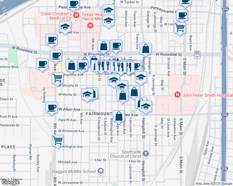 map of restaurants, bars, coffee shops, grocery stores, and more near 1419 College Avenue in Fort Worth