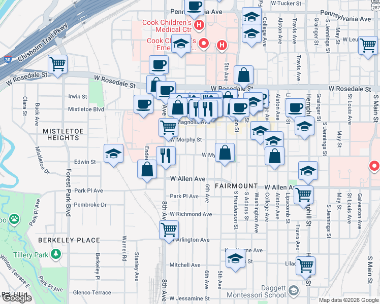 map of restaurants, bars, coffee shops, grocery stores, and more near 1423 Fairmount Avenue in Fort Worth