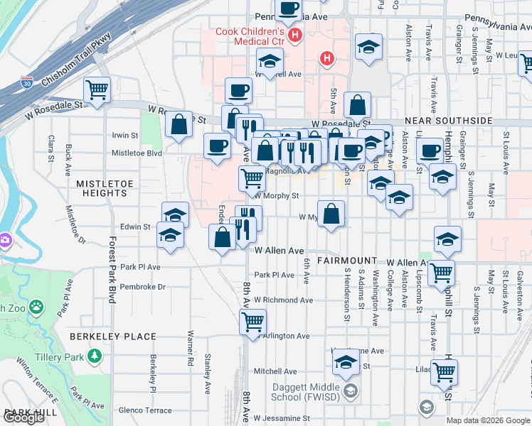 map of restaurants, bars, coffee shops, grocery stores, and more near 1421 Hurley Avenue in Fort Worth