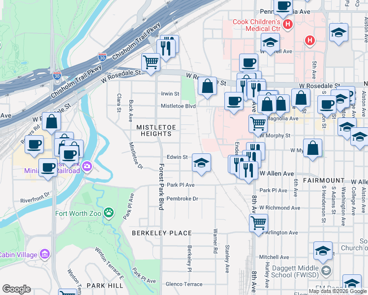 map of restaurants, bars, coffee shops, grocery stores, and more near 2123 Mistletoe Avenue in Fort Worth