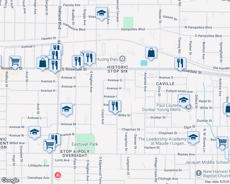 map of restaurants, bars, coffee shops, grocery stores, and more near 1608 South Edgewood Terrace in Fort Worth