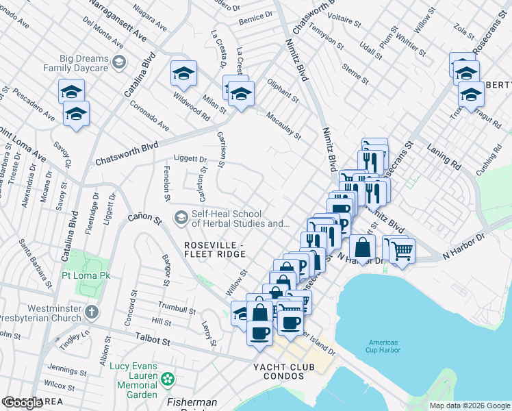 map of restaurants, bars, coffee shops, grocery stores, and more near 3428 Garrison Street in San Diego