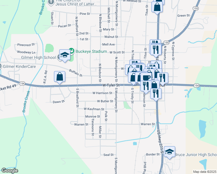 map of restaurants, bars, coffee shops, grocery stores, and more near 521 West Tyler Street in Gilmer