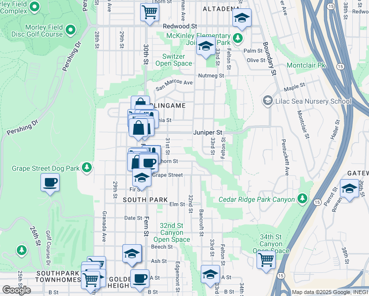 map of restaurants, bars, coffee shops, grocery stores, and more near 3161 Ivy Street in San Diego