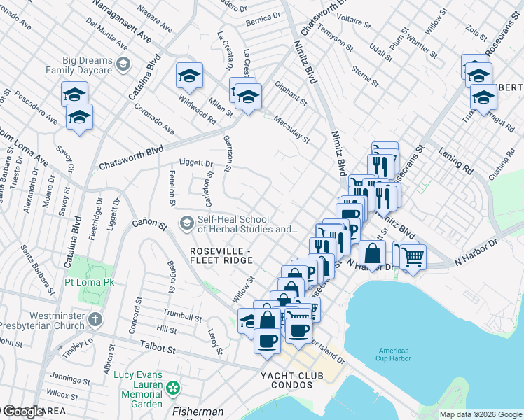 map of restaurants, bars, coffee shops, grocery stores, and more near 3428 Garrison Street in San Diego