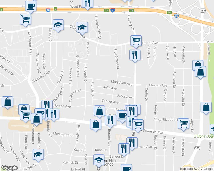 map of restaurants, bars, coffee shops, grocery stores, and more near 8118 Julie Avenue in Fort Worth