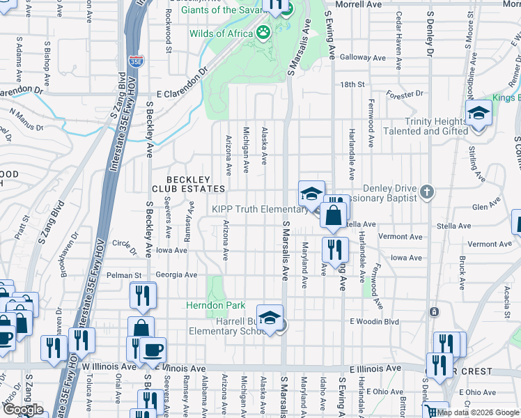 map of restaurants, bars, coffee shops, grocery stores, and more near 1611 Alaska Avenue in Dallas
