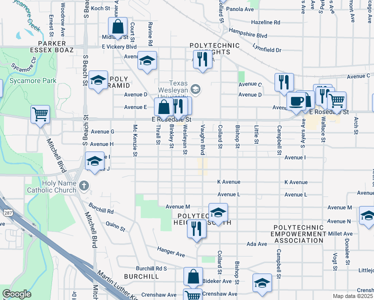 map of restaurants, bars, coffee shops, grocery stores, and more near 1613 Wesleyan Street in Fort Worth