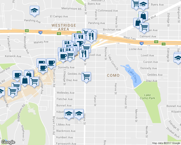 map of restaurants, bars, coffee shops, grocery stores, and more near 5616 Geddes Avenue in Fort Worth