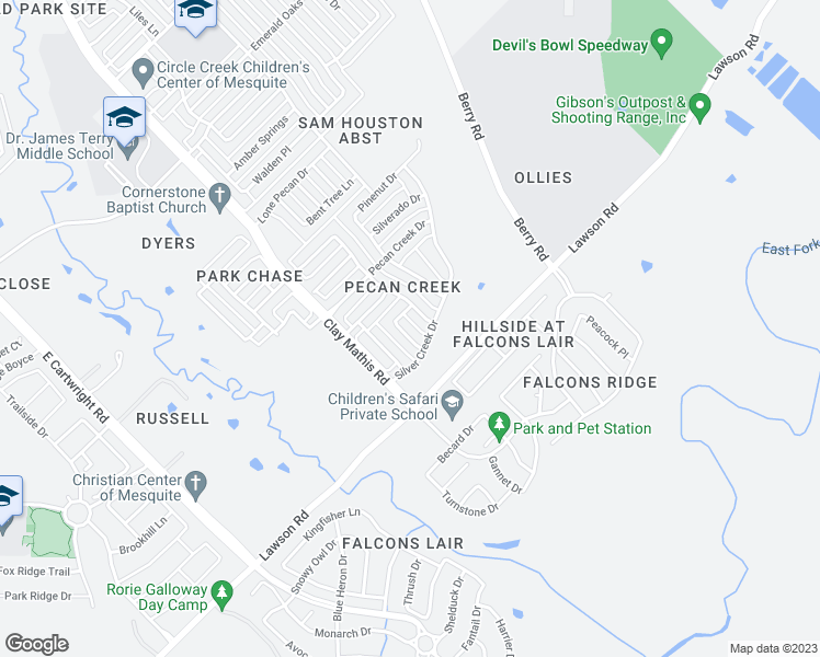map of restaurants, bars, coffee shops, grocery stores, and more near 3320 Knollcrest Lane in Mesquite