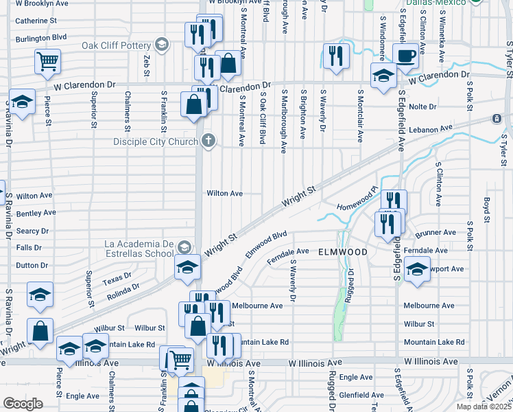 map of restaurants, bars, coffee shops, grocery stores, and more near 1519 South Oak Cliff Boulevard in Dallas