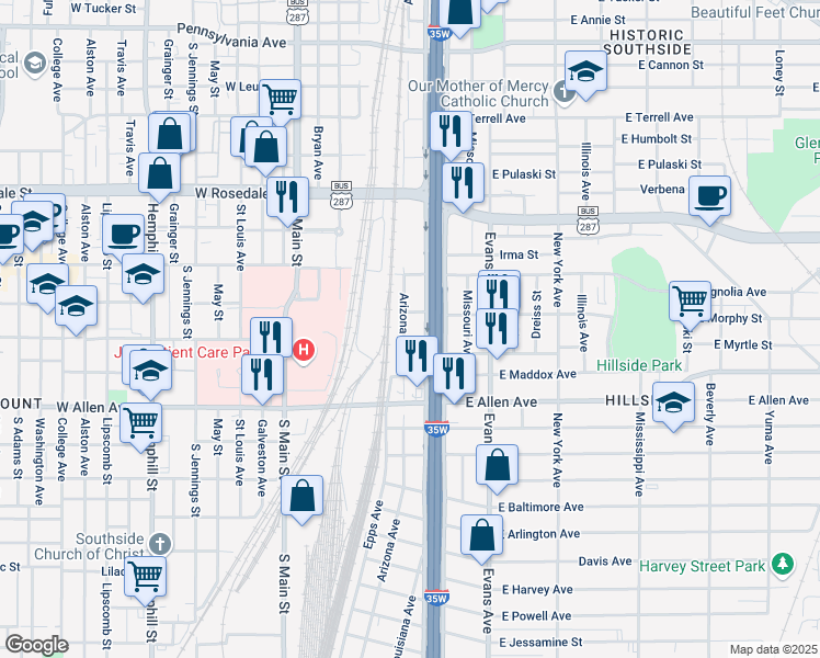 map of restaurants, bars, coffee shops, grocery stores, and more near 1409 Arizona Avenue in Fort Worth