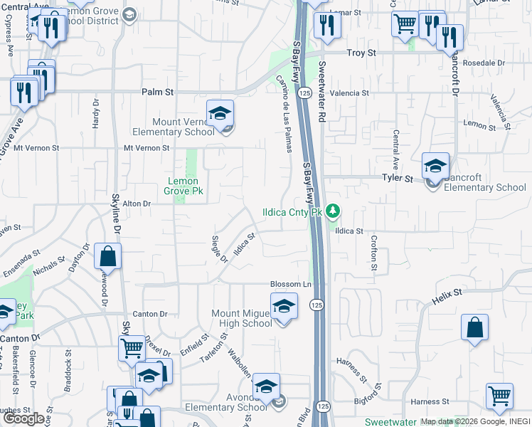 map of restaurants, bars, coffee shops, grocery stores, and more near 2126 Craig Court in Lemon Grove