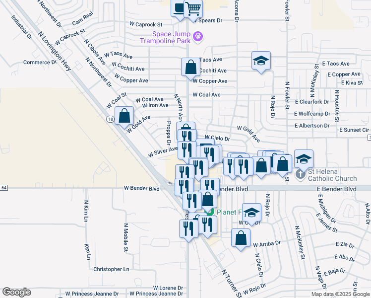 map of restaurants, bars, coffee shops, grocery stores, and more near 703 West Silver Avenue in Hobbs
