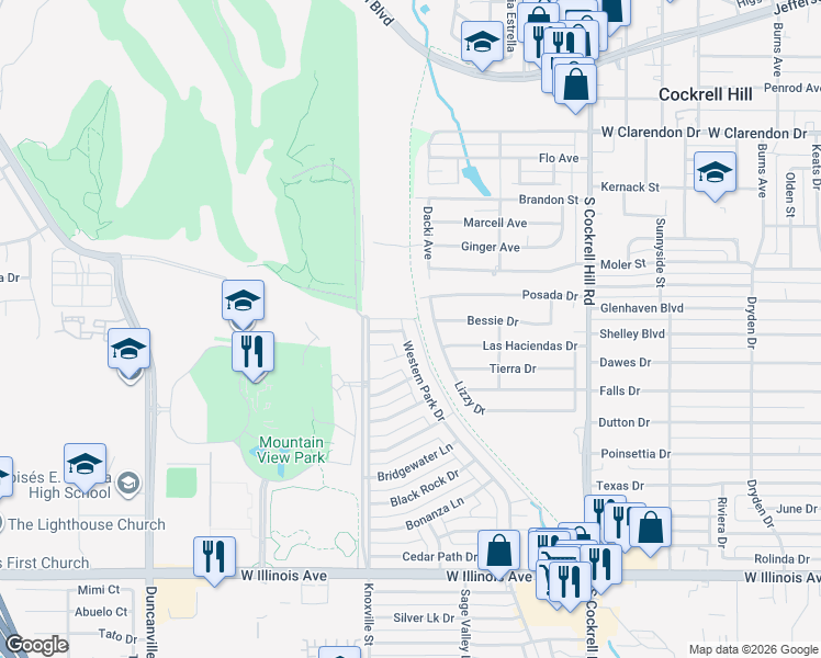 map of restaurants, bars, coffee shops, grocery stores, and more near 1550 Western Park Drive in Dallas