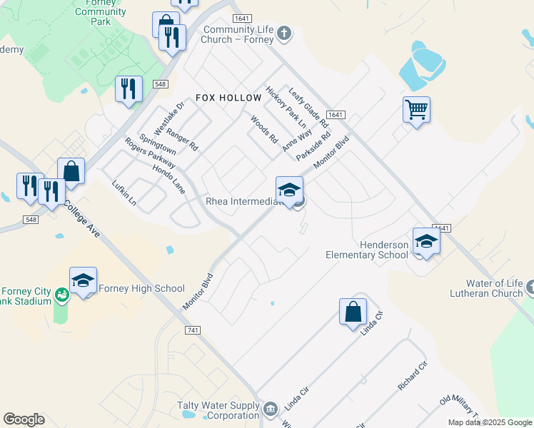 map of restaurants, bars, coffee shops, grocery stores, and more near Monitor Boulevard in Forney