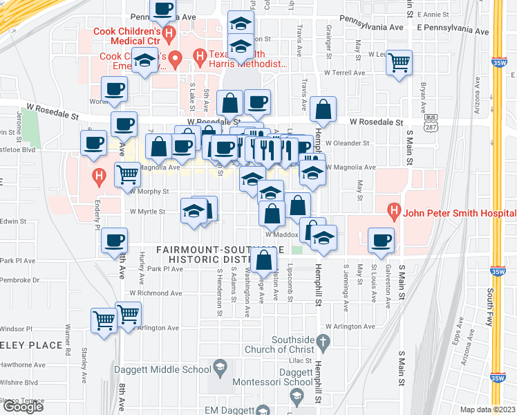 map of restaurants, bars, coffee shops, grocery stores, and more near 1420 College Avenue in Fort Worth