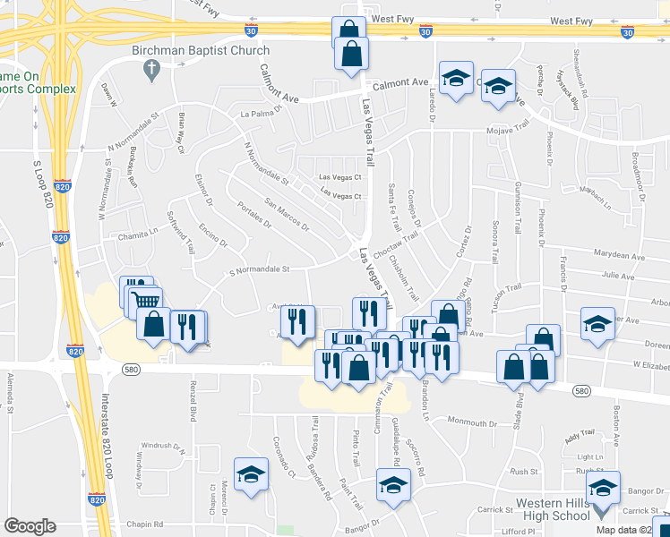 map of restaurants, bars, coffee shops, grocery stores, and more near 8603 S Normandale St in Fort Worth