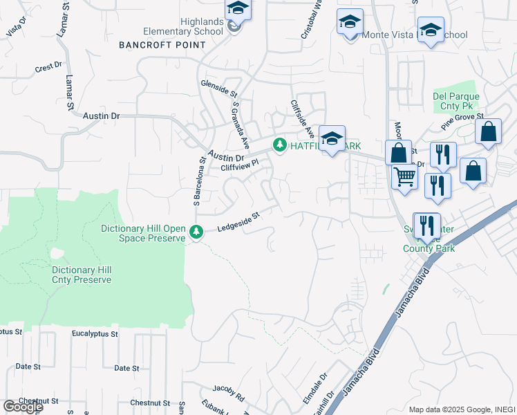 map of restaurants, bars, coffee shops, grocery stores, and more near 2223 Casa Cielo in Spring Valley