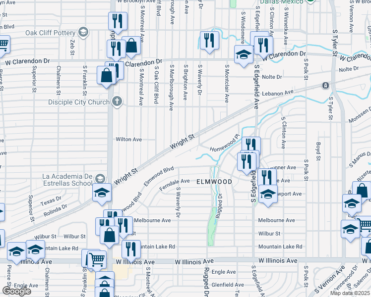 map of restaurants, bars, coffee shops, grocery stores, and more near 1907 Lansford Avenue in Dallas