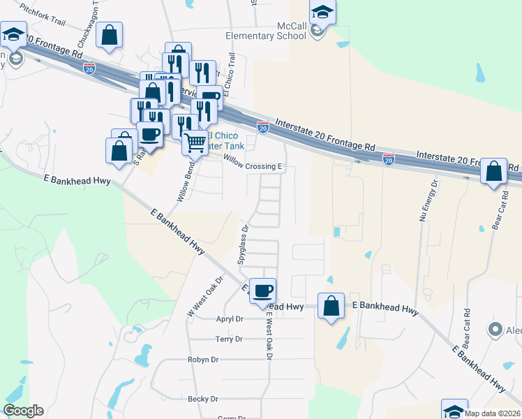 map of restaurants, bars, coffee shops, grocery stores, and more near 270 Spyglass Drive in Willow Park