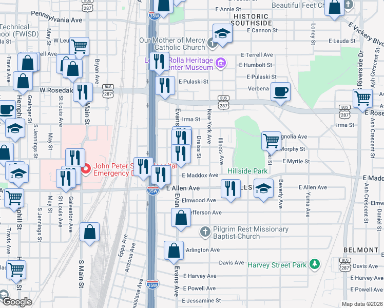 map of restaurants, bars, coffee shops, grocery stores, and more near 1415 Stewart Street in Fort Worth