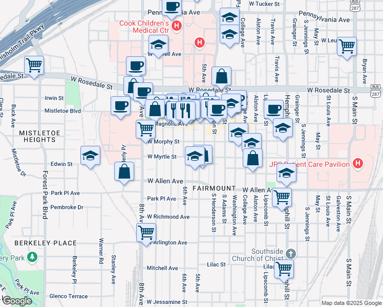 map of restaurants, bars, coffee shops, grocery stores, and more near 1420 South Lake Street in Fort Worth