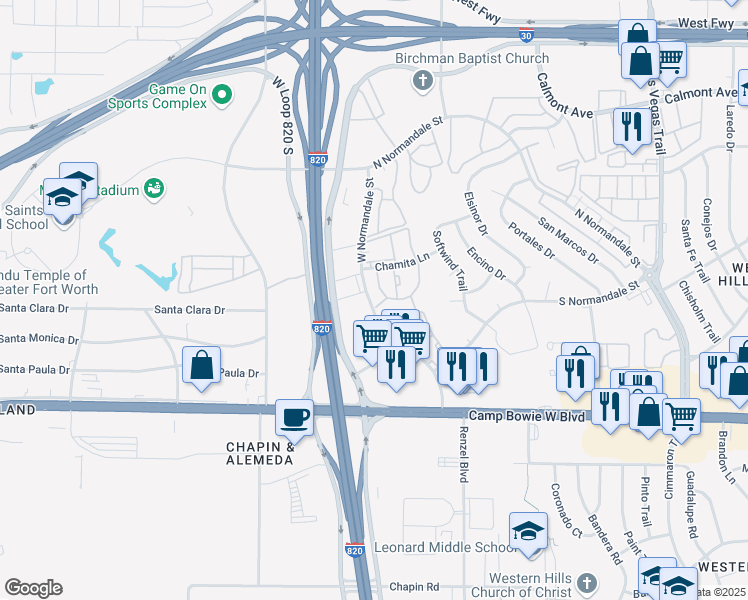 map of restaurants, bars, coffee shops, grocery stores, and more near 3001 West Normandale Street in Fort Worth