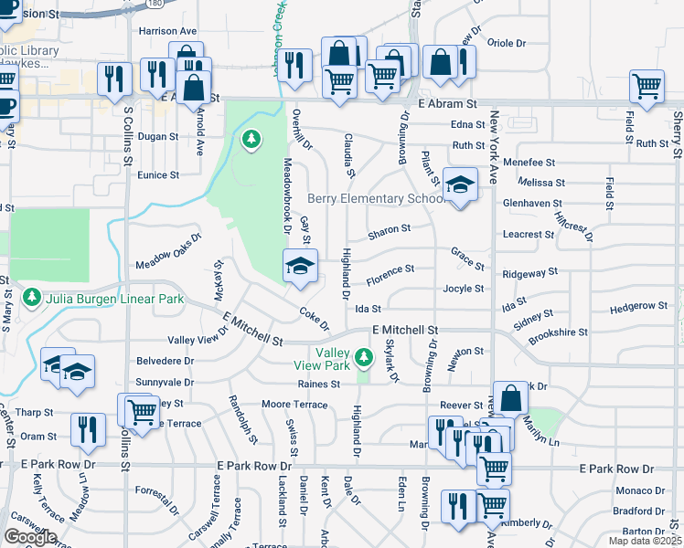 map of restaurants, bars, coffee shops, grocery stores, and more near 608 Highland Drive in Arlington