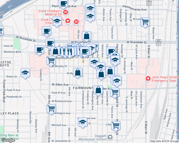 map of restaurants, bars, coffee shops, grocery stores, and more near 1421 South Adams Street in Fort Worth