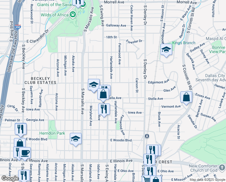 map of restaurants, bars, coffee shops, grocery stores, and more near 1526 Harlandale Avenue in Dallas