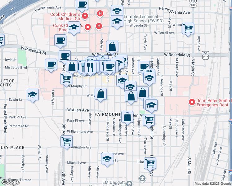 map of restaurants, bars, coffee shops, grocery stores, and more near 1421 South Adams Street in Fort Worth