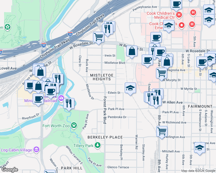map of restaurants, bars, coffee shops, grocery stores, and more near 2221 Mistletoe Avenue in Fort Worth