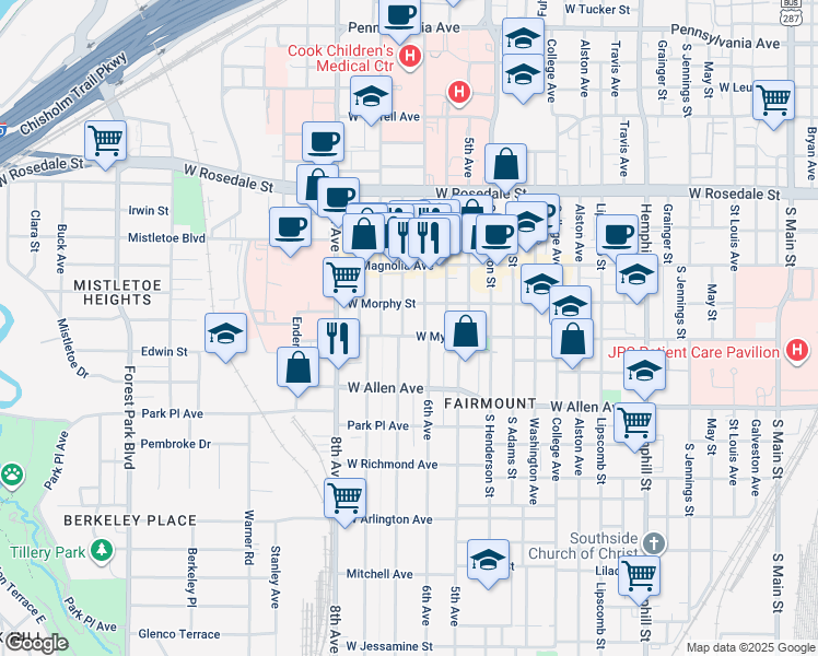 map of restaurants, bars, coffee shops, grocery stores, and more near 1423 Fairmount Ave in Fort Worth