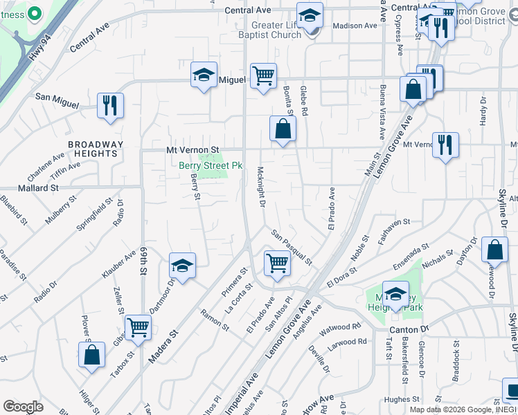map of restaurants, bars, coffee shops, grocery stores, and more near 2172 Mcknight Drive in Lemon Grove