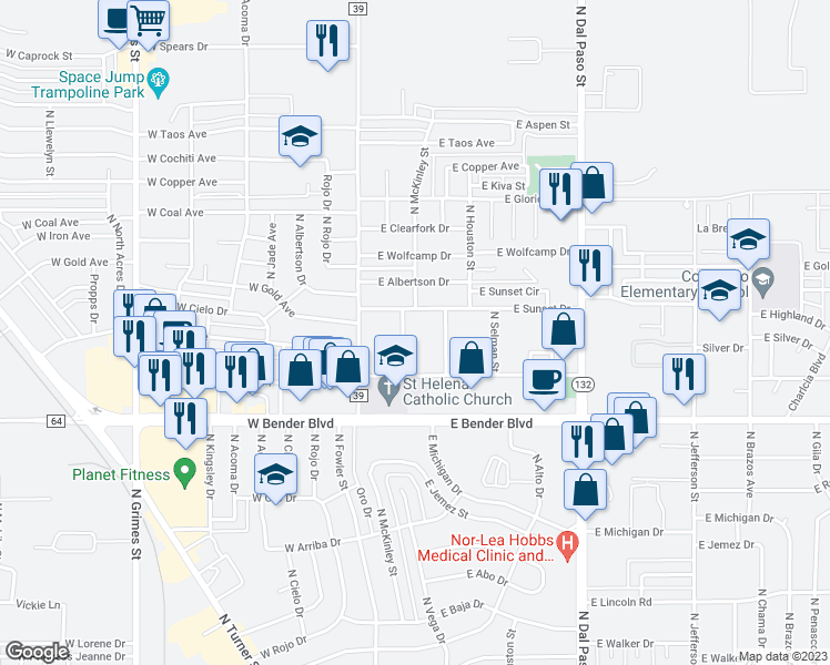map of restaurants, bars, coffee shops, grocery stores, and more near 2400 North McKinley Street in Hobbs