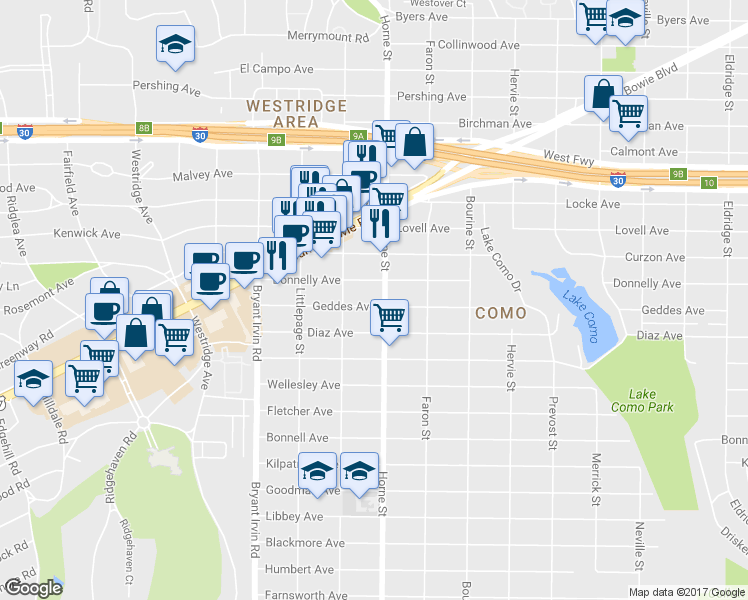 map of restaurants, bars, coffee shops, grocery stores, and more near 5708 Geddes Avenue in Fort Worth