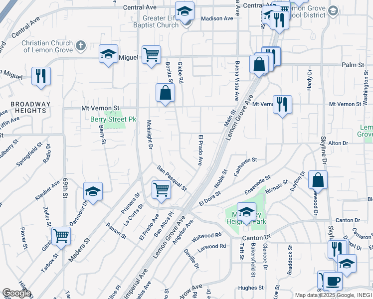 map of restaurants, bars, coffee shops, grocery stores, and more near 2191 Bonita Street in Lemon Grove